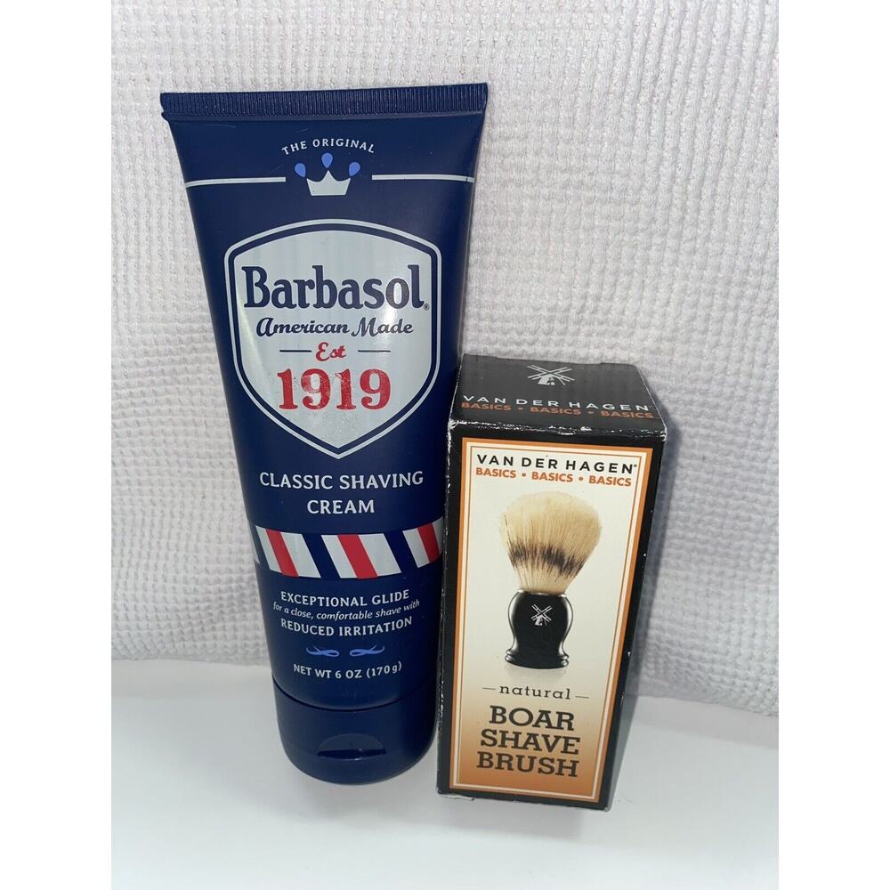 Van Der Hagen Shave Brush 100% Natural Boar Bristle Classic Barbasol Cream Set